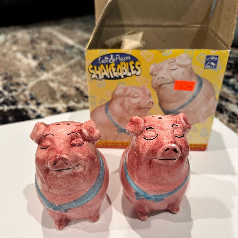 Vintage Pink Pig Salt & Pepper Shakers Hand-Painted Ceramic Set
